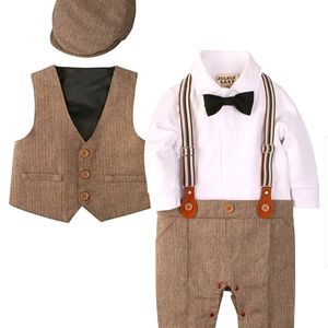 Long Sleeve Gentleman Jumpsuit and Vest with Beret Hat and Bow Tie